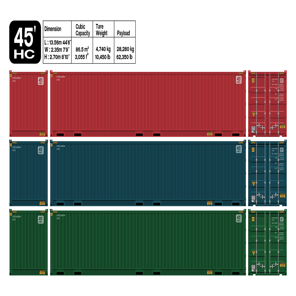 3 45 foot hc shipping containers showing dimensions